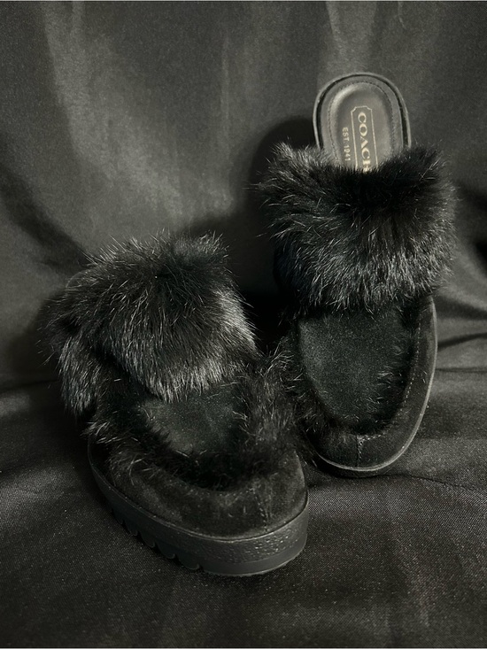 Coach Shoes - Coach Women’s Vintage Kaela Black Genuine Rabbit Fur Suede Platform Slides 7.5